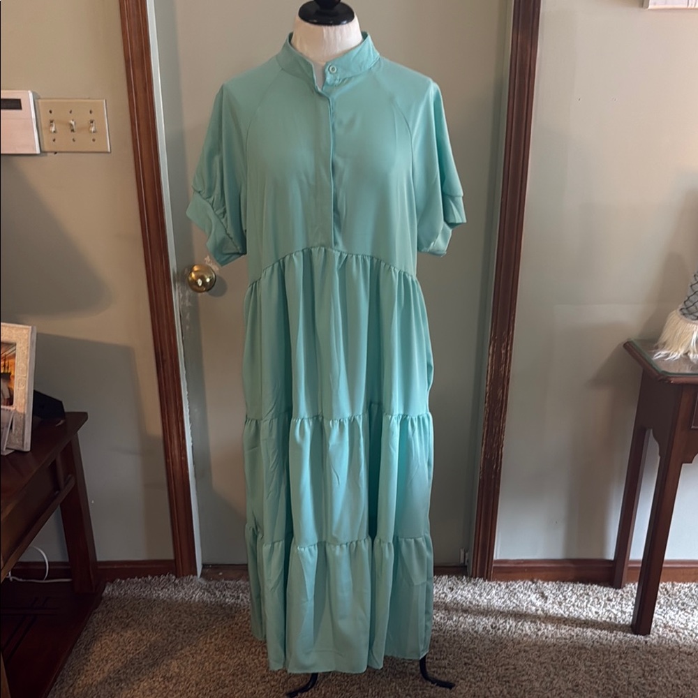Source Unknown Aqua Tiered Maxi Dress